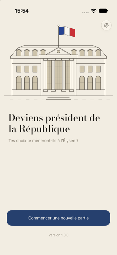 L'écran d'accueil du jeu : le palais de l'Élysée dessiné au trait, surmonté du drapeau français, et le bouton « Commencer une nouvelle partie ».