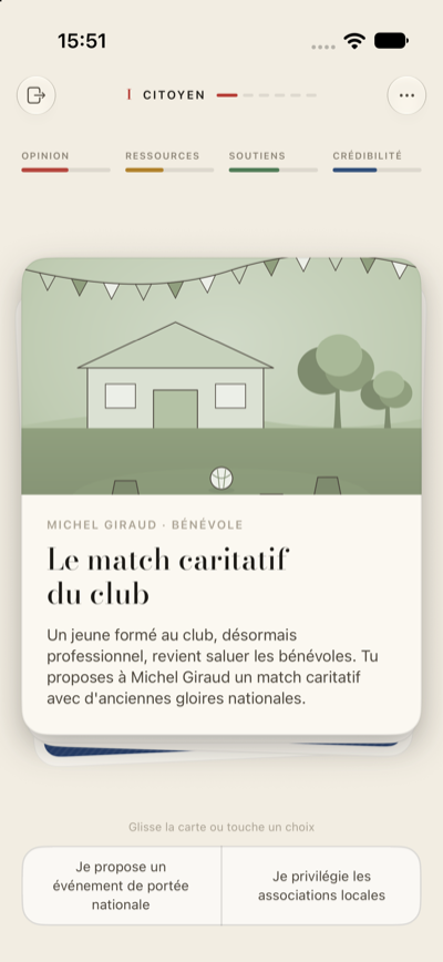 Une carte de décision en phase Citoyen : « Le match caritatif du club », posée par Michel Giraud, bénévole, avec les quatre jauges en haut et les deux réponses possibles au bas de l'écran.