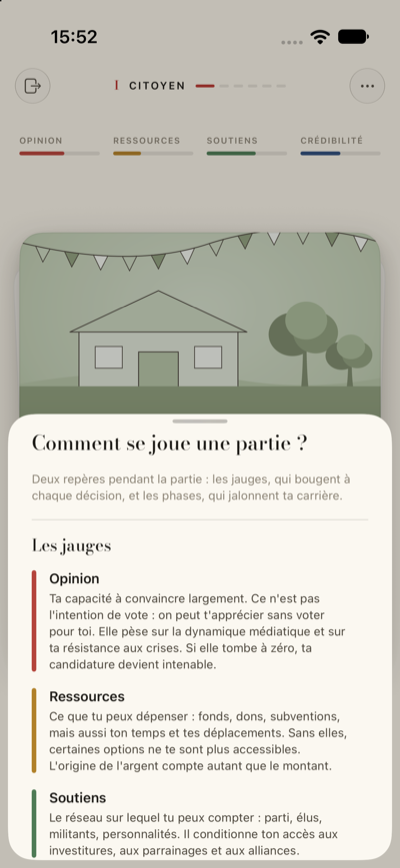 L'écran « Comment se joue une partie ? » : le rôle des jauges Opinion, Ressources, Soutiens et Crédibilité, détaillé un paragraphe chacun.